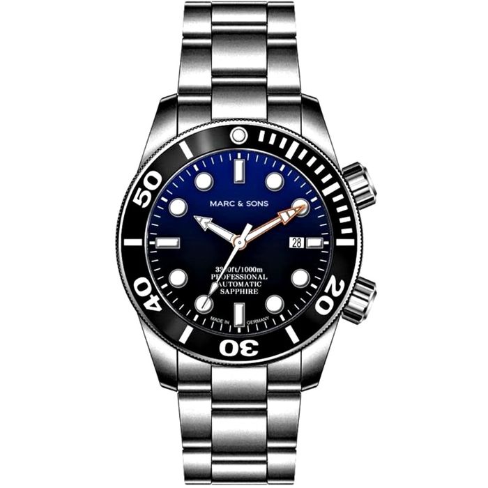 Marc & Sons Professional Automatic Diver Men's Watch 46mm Black Bezel/Blue-Black Gradient Dial MSD-028-10S - Click Image to Close